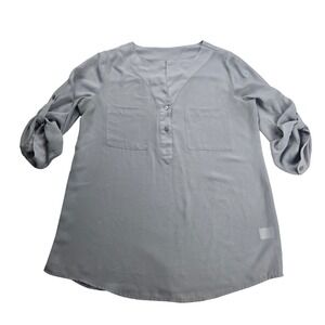 Maurices Blouse Women Medium Gray Roll Tab Sleeve V-Neck Pocket Chiffon